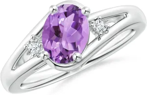 Angara Natural Amethyst and Diamond Split Shank Ring in 14K Solid Gold/Platinum | February Birthstone, Birthday, Engagement, Anniversary, Wedding Jewelry Gift for Women