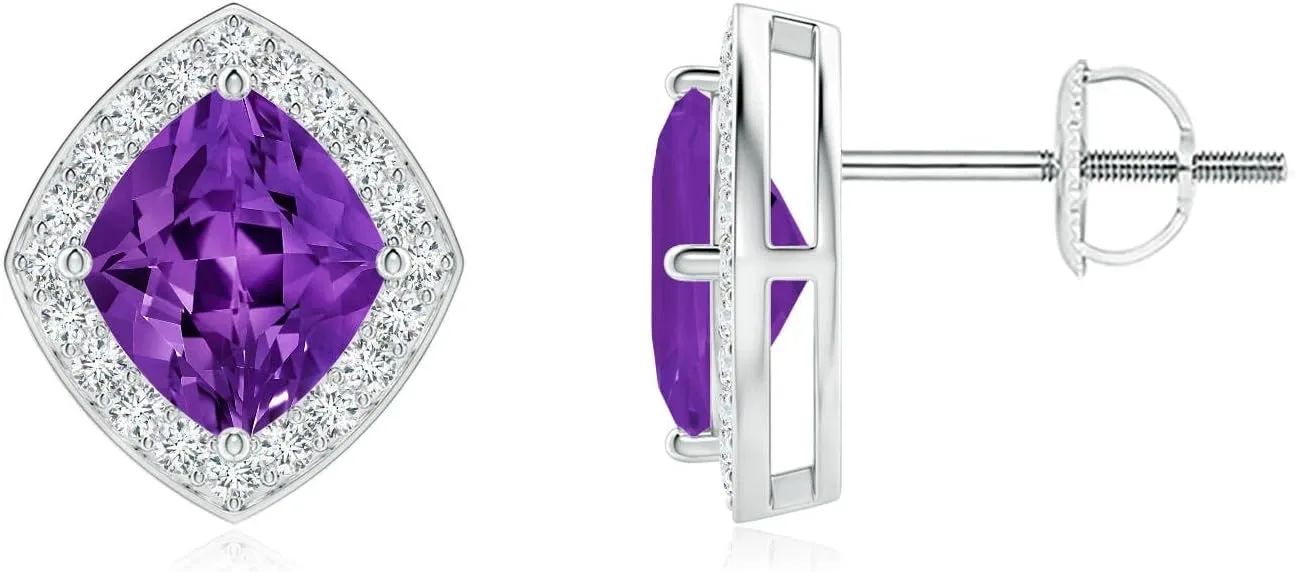 ANGARA Natural Amethyst Halo Earrings for Women in Platinum (Grade-AAAA | Gemstone Size-7x6mm) | February Birthstone Jewelry Gift for Women | Birthday | Wedding | Anniversary