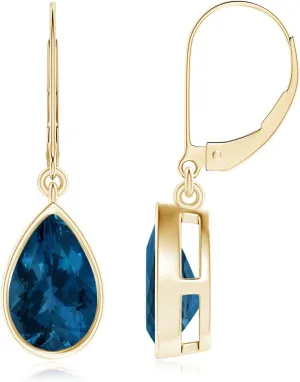 ANGARA Natural Bezel-Set Pear London Blue Topaz Leverback Drop Earrings in 14K Solid Gold/Platinum | November Birthstone, Birthday, Engagement, Anniversary, Wedding Jewelry Gift for Women