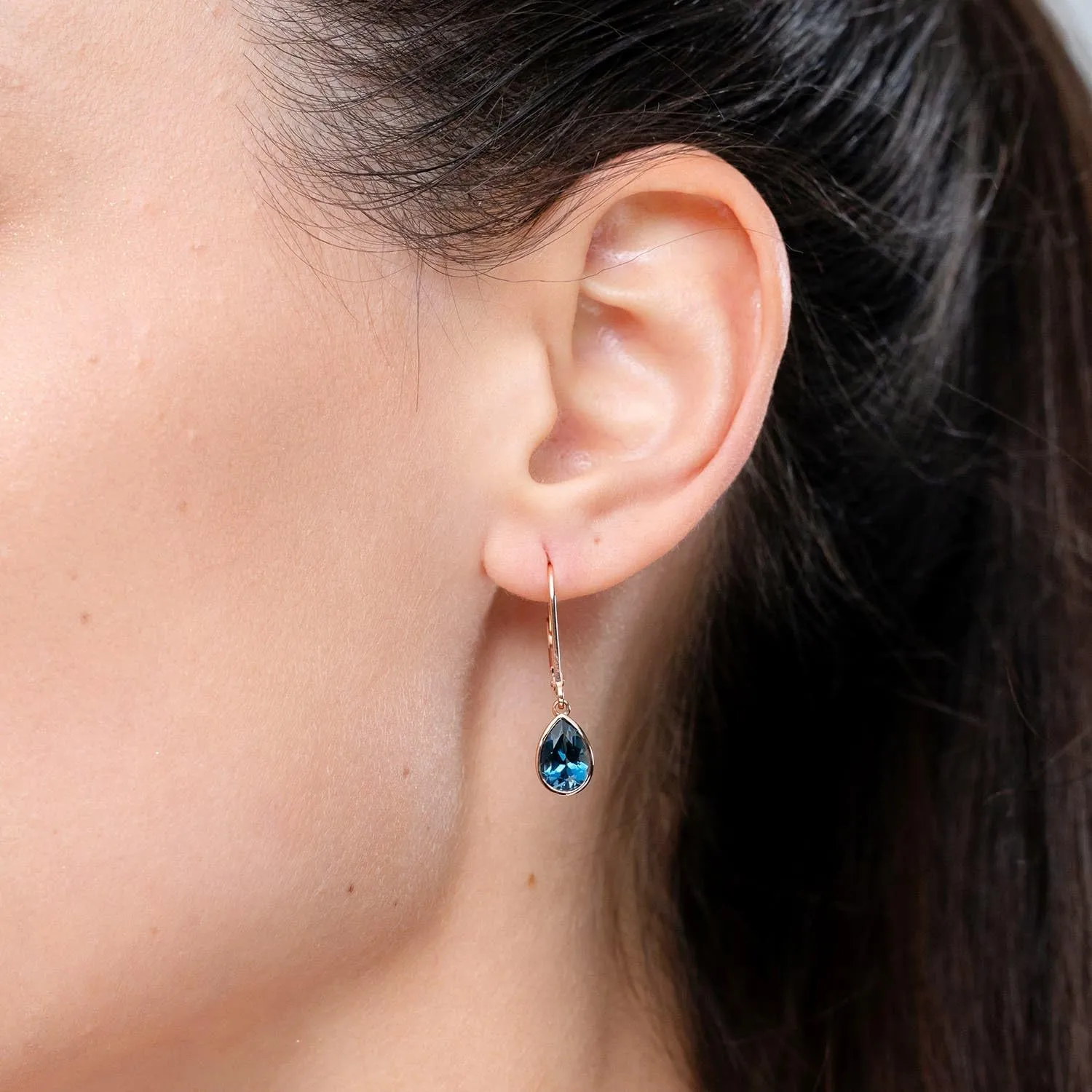 ANGARA Natural Bezel-Set Pear London Blue Topaz Leverback Drop Earrings in 14K Solid Gold/Platinum | November Birthstone, Birthday, Engagement, Anniversary, Wedding Jewelry Gift for Women