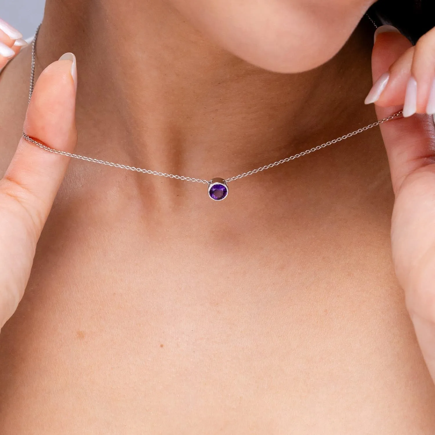 Angara Natural Bezel-Set Round Amethyst Solitaire Pendant in Silver / 14K Solid Gold/Platinum | February Birthstone, Birthday, Engagement, Anniversary, Wedding Jewelry Gift for Women