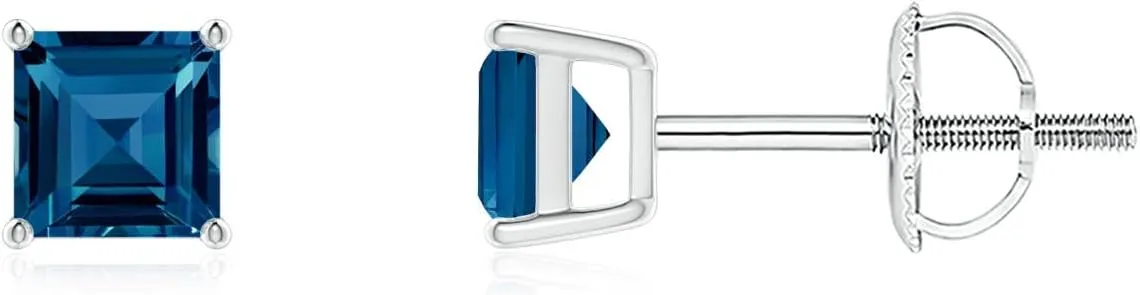 ANGARA Natural Classic Basket-Set Square London Blue Topaz Stud Earrings in Silver / 14K Solid Gold/Platinum | November Birthstone, Birthday, Engagement, Anniversary, Wedding Jewelry Gift for Women