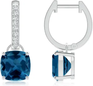 ANGARA Natural Cushion London Blue Topaz Drop Earrings with Diamond Accents in 14K Solid Gold/Platinum | November Birthstone, Birthday, Engagement, Anniversary, Wedding Jewelry Gift for Women