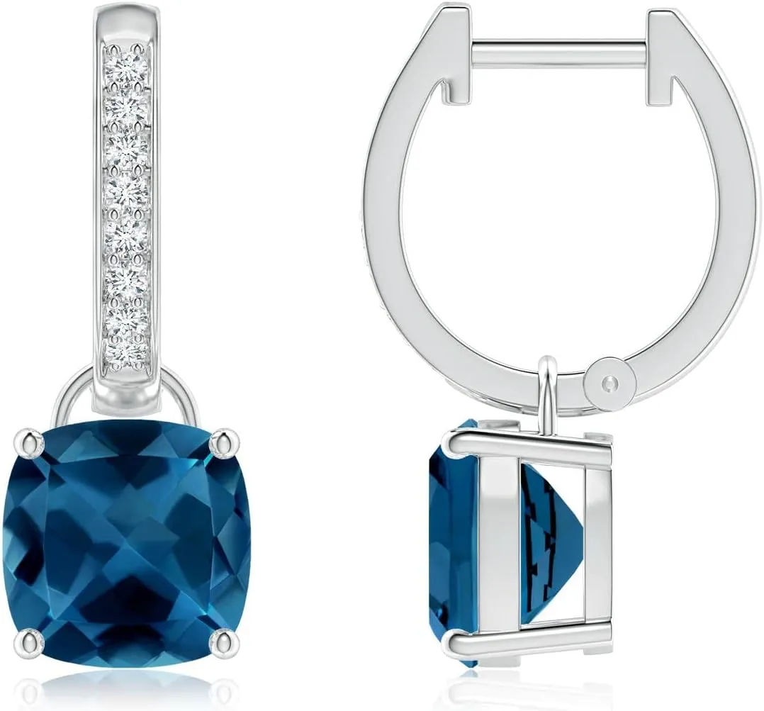 ANGARA Natural Cushion London Blue Topaz Drop Earrings with Diamond Accents in 14K Solid Gold/Platinum | November Birthstone, Birthday, Engagement, Anniversary, Wedding Jewelry Gift for Women