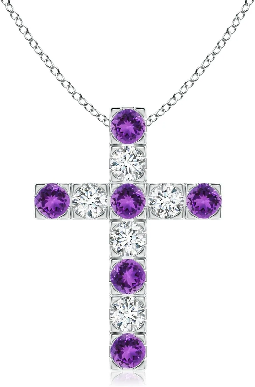 Angara Natural Flat Prong-Set Amethyst and Diamond Cross Pendant in 14K Solid Gold/Platinum | February Birthstone, Birthday, Engagement, Anniversary, Wedding Jewelry Gift for Women