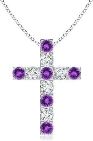 Angara Natural Flat Prong-Set Amethyst and Diamond Cross Pendant in 14K Solid Gold/Platinum | February Birthstone, Birthday, Engagement, Anniversary, Wedding Jewelry Gift for Women