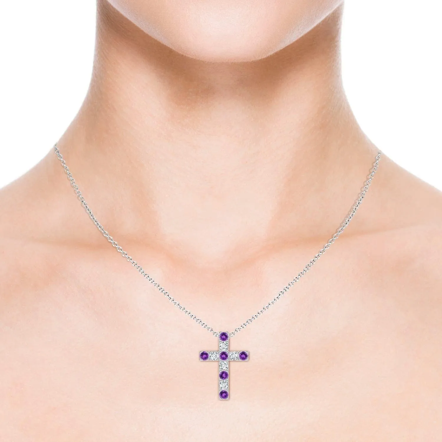 Angara Natural Flat Prong-Set Amethyst and Diamond Cross Pendant in 14K Solid Gold/Platinum | February Birthstone, Birthday, Engagement, Anniversary, Wedding Jewelry Gift for Women