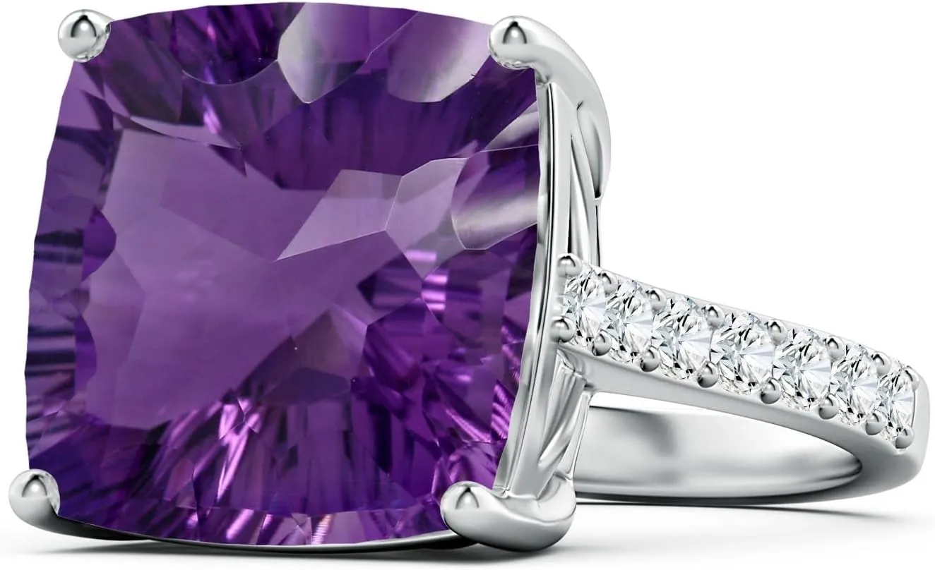Angara Natural GIA Certified Cushion 13.07 ct Amethyst Cocktail Ring with Diamonds in 14K Solid Gold/Platinum for Women | February Birthstone Jewelry for Women