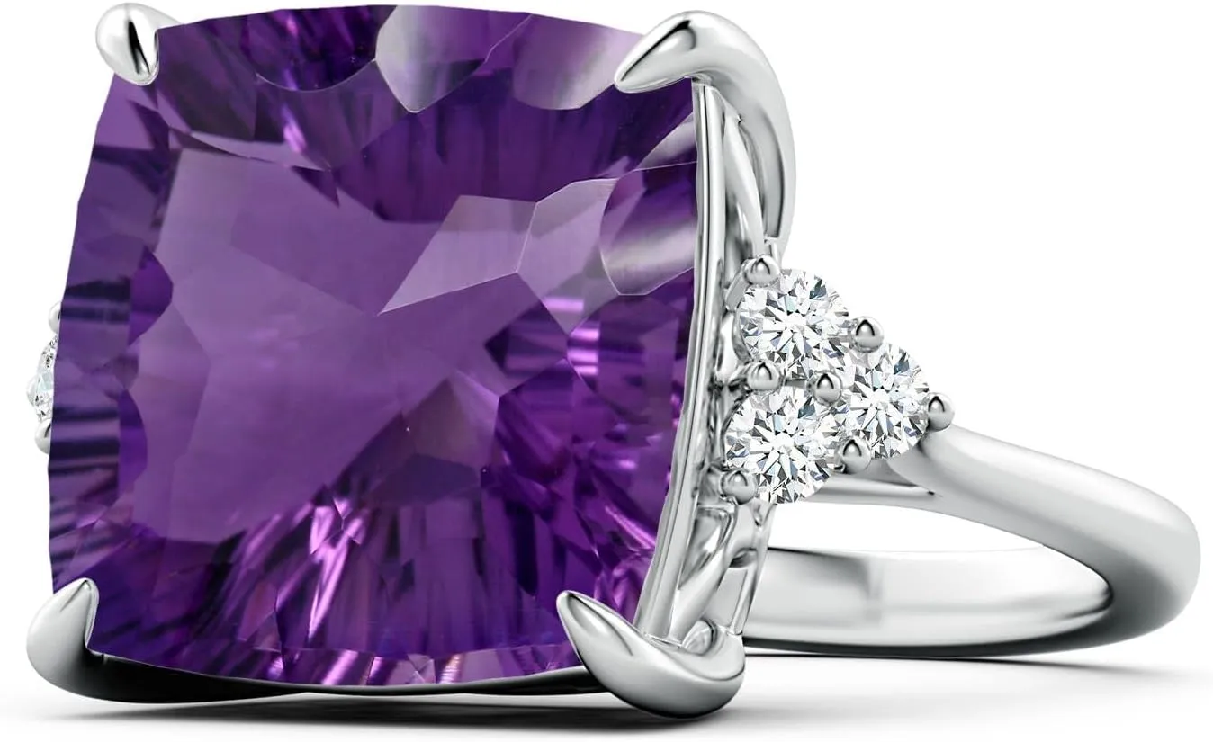 Angara Natural GIA Certified Cushion 13.07 ct Amethyst Engagement Ring with Trio Diamonds in 14K Solid Gold/Platinum for Women | February Birthstone Jewelry for Women