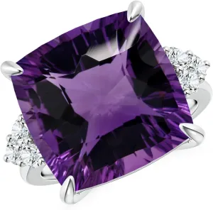 Angara Natural GIA Certified Cushion 13.07 ct Amethyst Engagement Ring with Trio Diamonds in 14K Solid Gold/Platinum for Women | February Birthstone Jewelry for Women