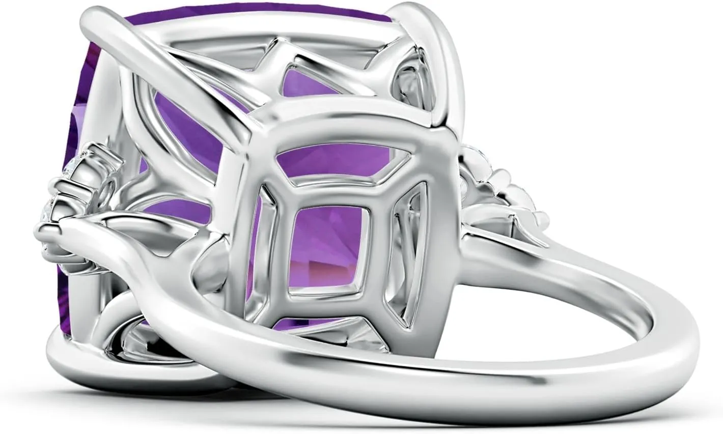 Angara Natural GIA Certified Cushion 13.07 ct Amethyst Engagement Ring with Trio Diamonds in 14K Solid Gold/Platinum for Women | February Birthstone Jewelry for Women