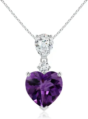 Angara Natural GIA Certified Heart-Shaped 4.66 ct Amethyst and Pear-Shaped Diamond Pendant in 14K Solid Gold/Platinum for Women | February Birthstone Jewelry Gift for Women