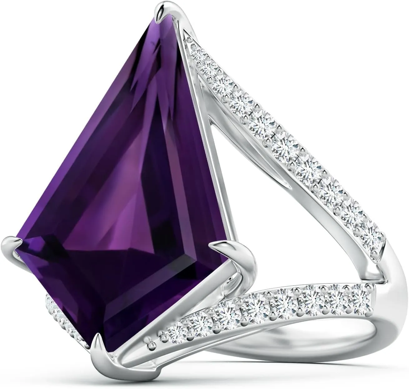 Angara Natural GIA Certified Kite-Shaped Step-Cut 10.07 ct Amethyst Halo Split Shank Ring in 14K Solid Gold/Platinum for Women | February Birthstone Jewelry for Women