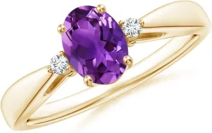 Angara Natural Tapered Shank Amethyst Solitaire Ring with Diamond Accents in 14K Solid Gold/Platinum | February Birthstone, Birthday, Engagement, Anniversary, Wedding Jewelry Gift for Women