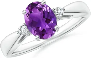 Angara Natural Tapered Shank Amethyst Solitaire Ring with Diamond Accents in 14K Solid Gold/Platinum | February Birthstone, Birthday, Engagement, Anniversary, Wedding Jewelry Gift for Women