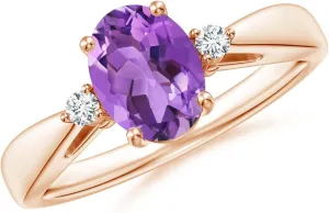 Angara Natural Tapered Shank Amethyst Solitaire Ring with Diamond Accents in 14K Solid Gold/Platinum | February Birthstone, Birthday, Engagement, Anniversary, Wedding Jewelry Gift for Women
