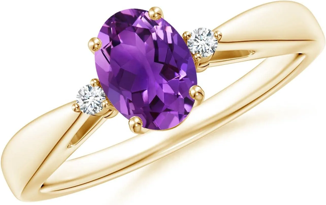 Angara Natural Tapered Shank Amethyst Solitaire Ring with Diamond Accents in 14K Solid Gold/Platinum | February Birthstone, Birthday, Engagement, Anniversary, Wedding Jewelry Gift for Women