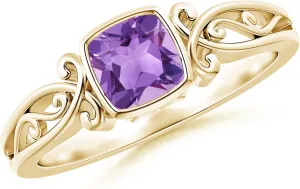 Angara Natural Vintage Style Cushion Amethyst Solitaire Ring in 14K Solid Gold/Platinum | February Birthstone, Birthday, Engagement, Anniversary, Wedding Jewelry Gift for Women
