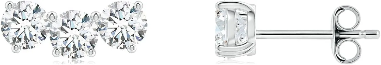ANGARA Prong-Set Round Lab Grown Diamond Three Stone Stud Earrings in 14K Solid Gold/Platinum | April Birthstone, Birthday, Engagement, Anniversary, Wedding Jewelry Gift for Women