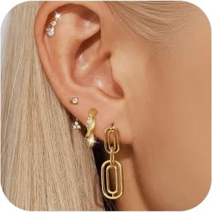 Angelady 14K Gold Plated Stud Hoop Earrings Set for Women, 4 Pairs Hoop Huggie Earrings Stacks, Cute Butterfly Earrings Jewelry for Her/Women