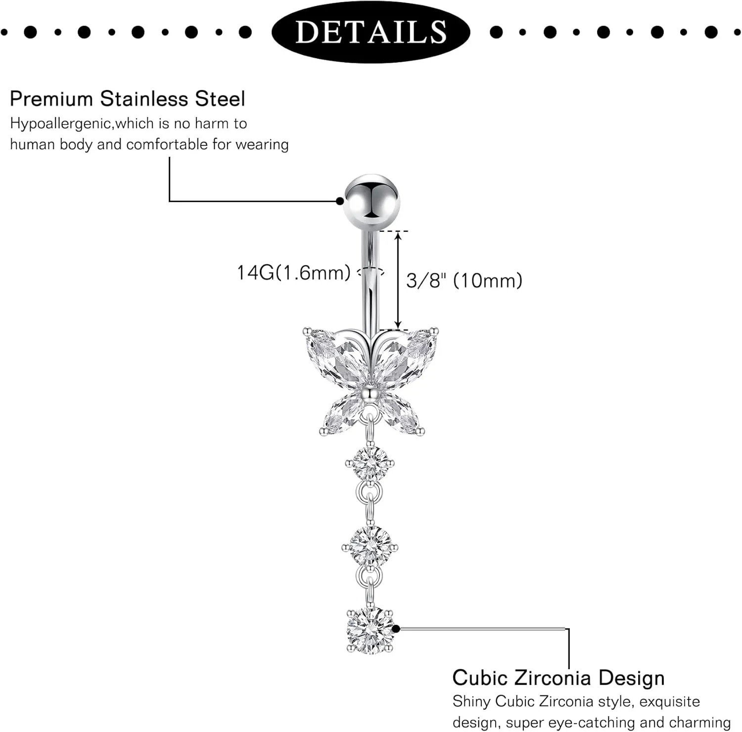 Anicina Belly Button Rings 14G Diamond CZ Belly Rings Surgical Stainless Steel Navel Rings Butterfly Heart Devil Belly Button Piercing Jewelry for Women