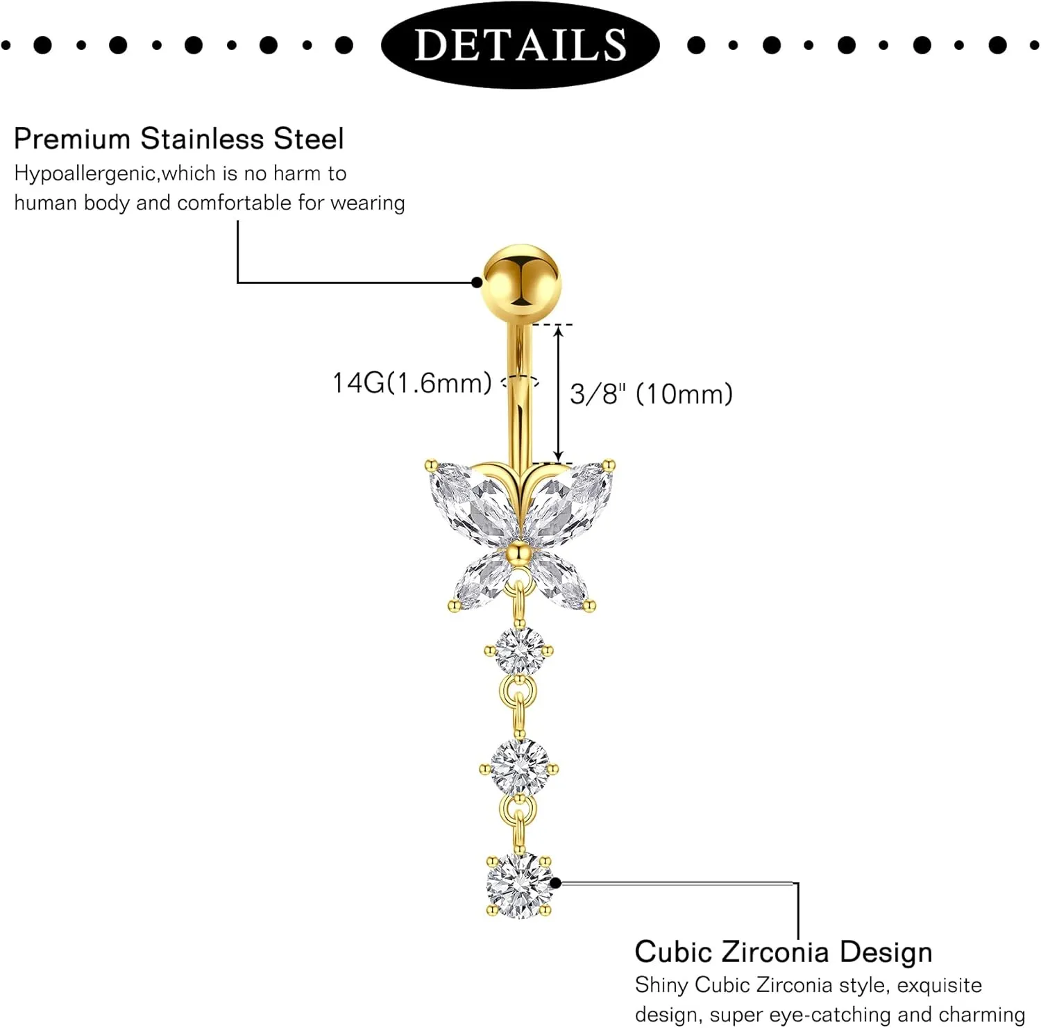 Anicina Belly Button Rings 14G Diamond CZ Belly Rings Surgical Stainless Steel Navel Rings Butterfly Heart Devil Belly Button Piercing Jewelry for Women