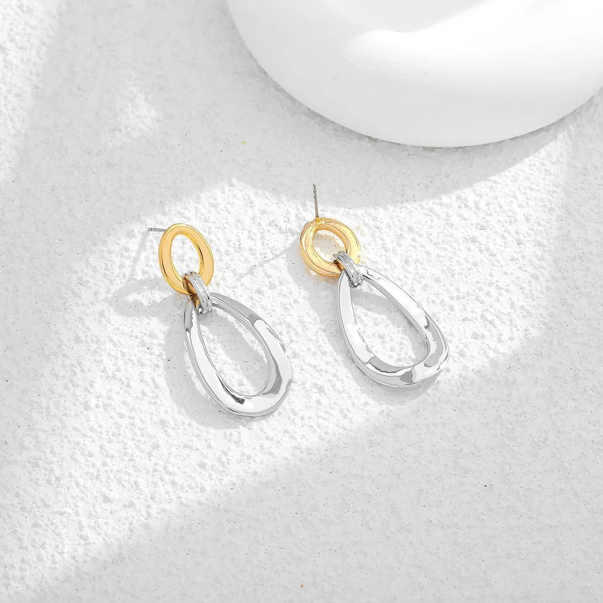 Antique Gold Hammered Disc Drop Earrings Boho Earrings with Two Tone Jewelry Gift