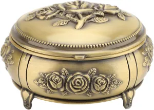 Antique Jewelry Box, Zinc Alloy Metal Jewelry Box with Floral Patterns, Widely Used Decorative Keepsake Box | Vintage Trinket Box | Oval Earrings Storage Box for Necklace Rings