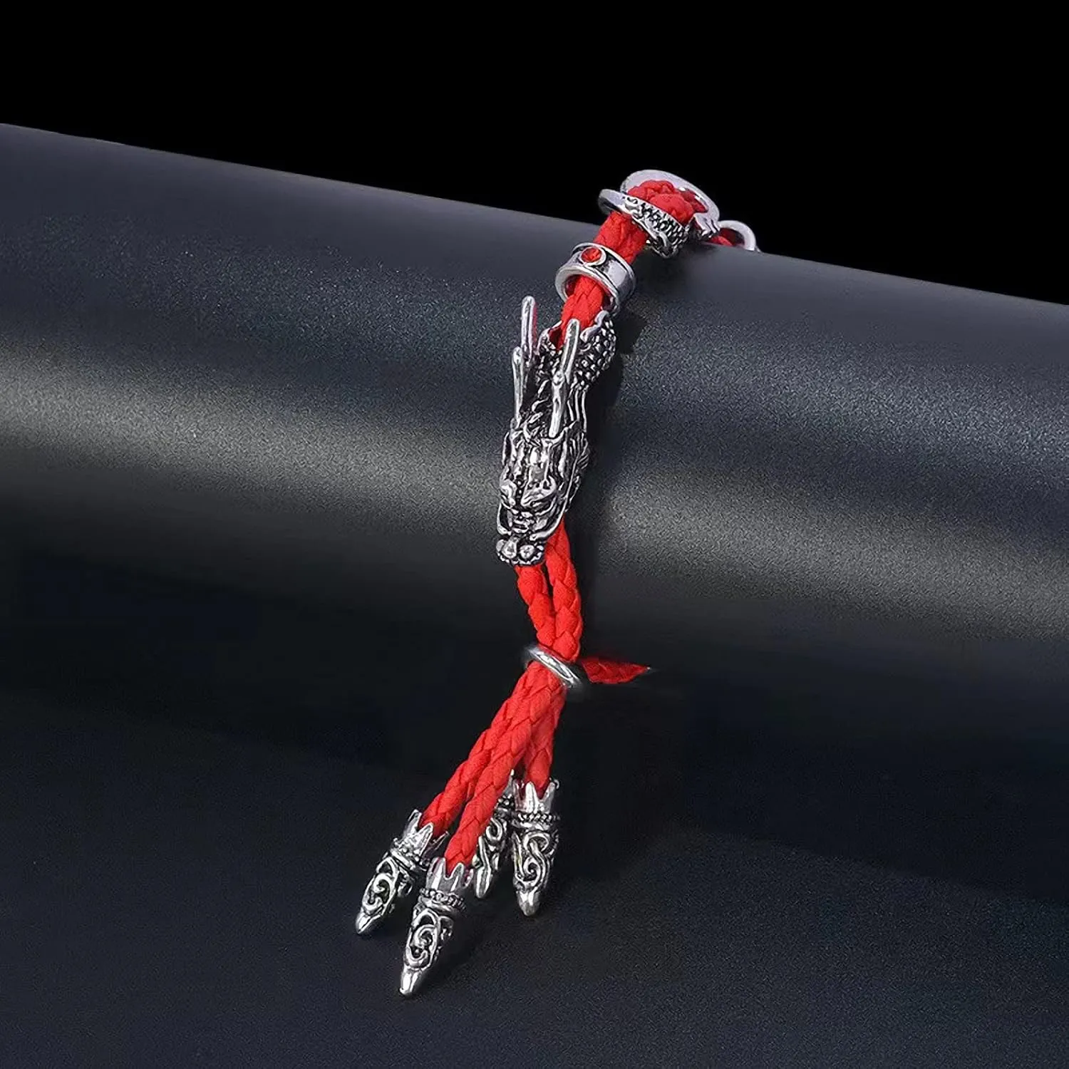 Antique Silver Jewelry Vintage Stylish Red Rope Crystal Rhinestone Dragon Bracelets Bangles for Women