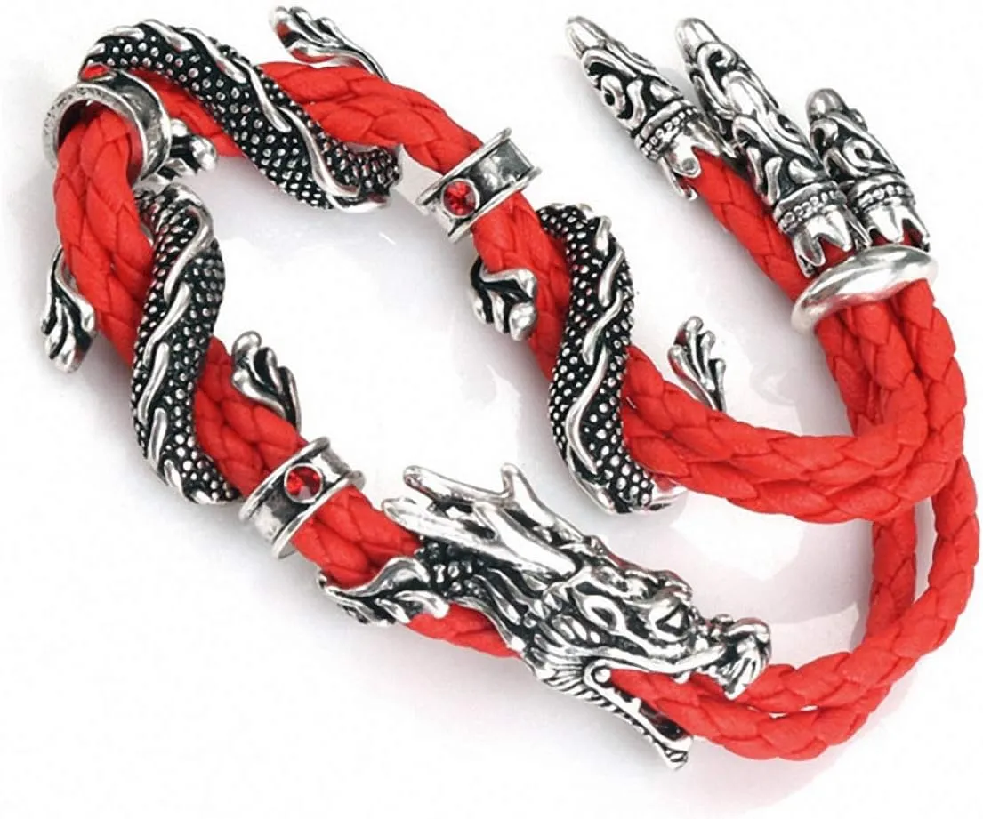 Antique Silver Jewelry Vintage Stylish Red Rope Crystal Rhinestone Dragon Bracelets Bangles for Women