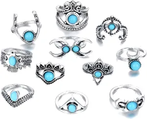 Anxiety Ring for Women,11Pcs Hollow Feather Stackable Knuckle Rings Ethnic Style Flower Faux Gem Finger Rings Jewelry Accessory