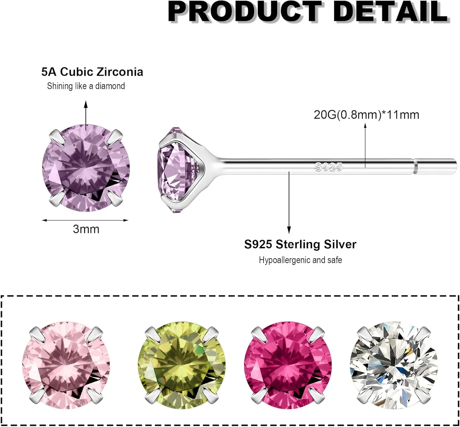 AoedeJ 5 Pairs 925 Sterling Silver Stud Earrings for Women Cubic Zirconia Stud Earrings Cz Studs Earrings for Women Hypoallergenic
