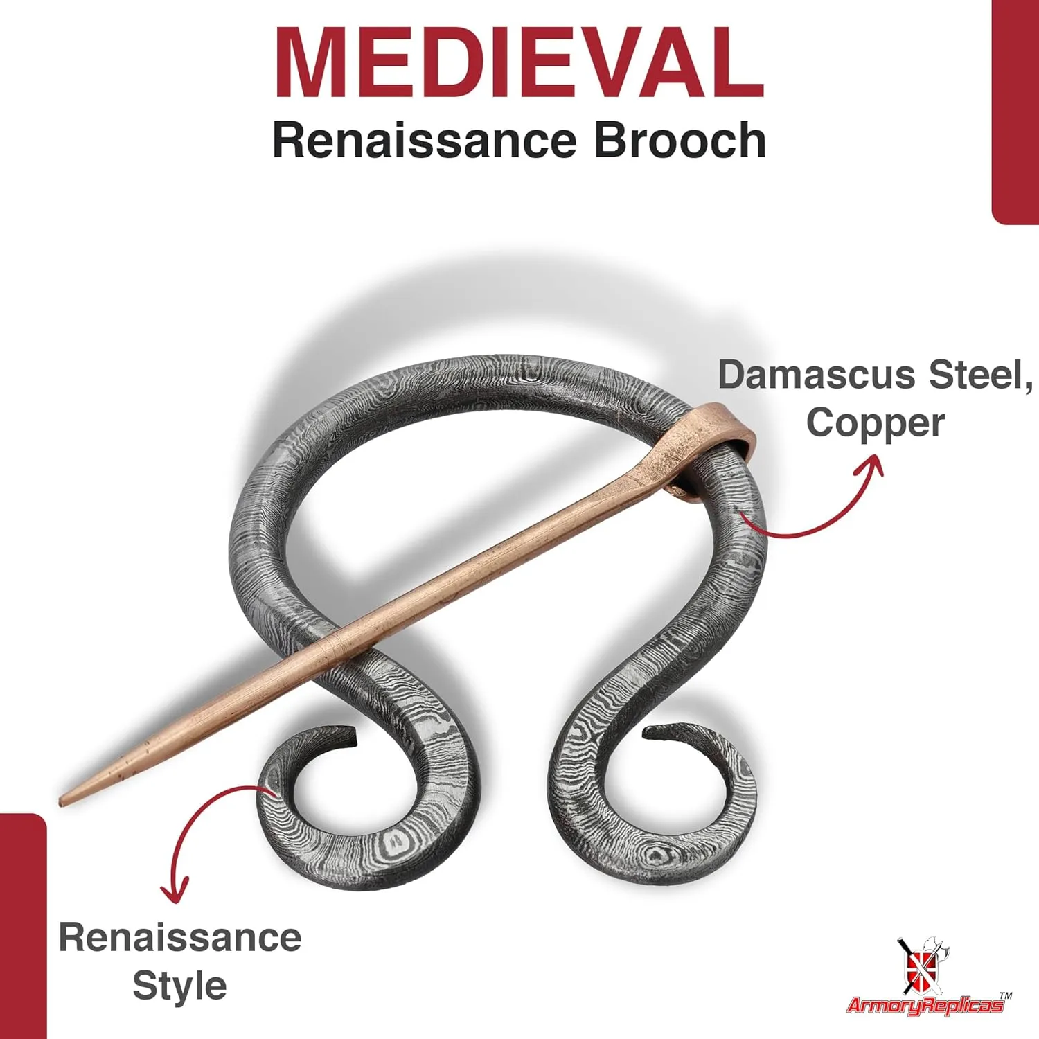 Armory Replicas Hand Forged Twisted Damascus Steel Penannular Brooch with Copper Pin - Unisex Renaissance