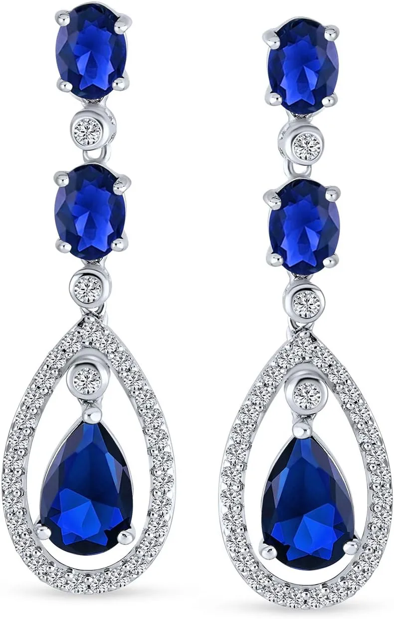 Art Deco Style Wedding Simulated Gemstone Jewel Colors AAA Cubic Zirconia Double Halo Large Pear Teardrop CZ Statement Dangle Chandelier Earrings For Women Bridal Party Silver Plated