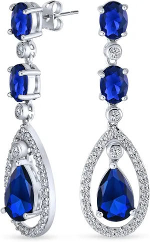 Art Deco Style Wedding Simulated Gemstone Jewel Colors AAA Cubic Zirconia Double Halo Large Pear Teardrop CZ Statement Dangle Chandelier Earrings For Women Bridal Party Silver Plated