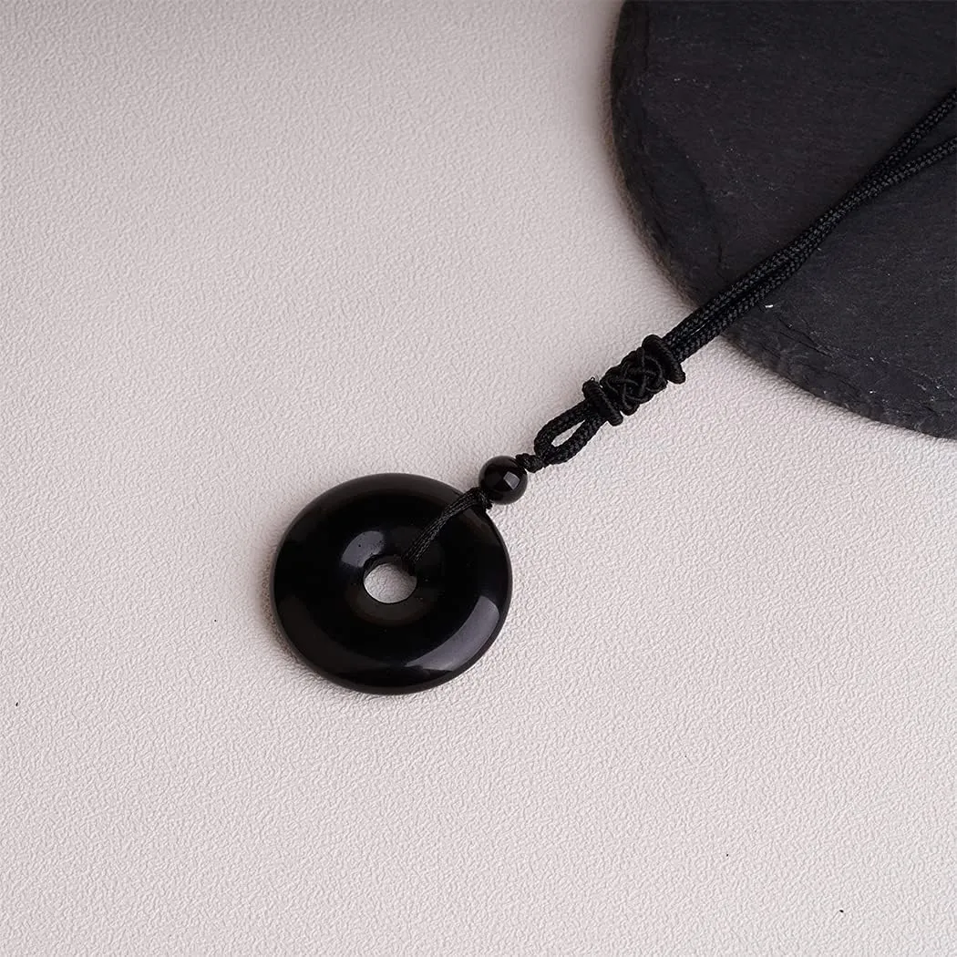 ASGIFT Lucky Coin Crystal Necklace 30mm Round Donut Natural Quartz Protection Pendant with Adjustable Rope Reiki Healing Crystal Stone Spiritual Necklaces for Men Women