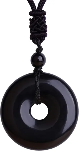 ASGIFT Lucky Coin Crystal Necklace 30mm Round Donut Natural Quartz Protection Pendant with Adjustable Rope Reiki Healing Crystal Stone Spiritual Necklaces for Men Women
