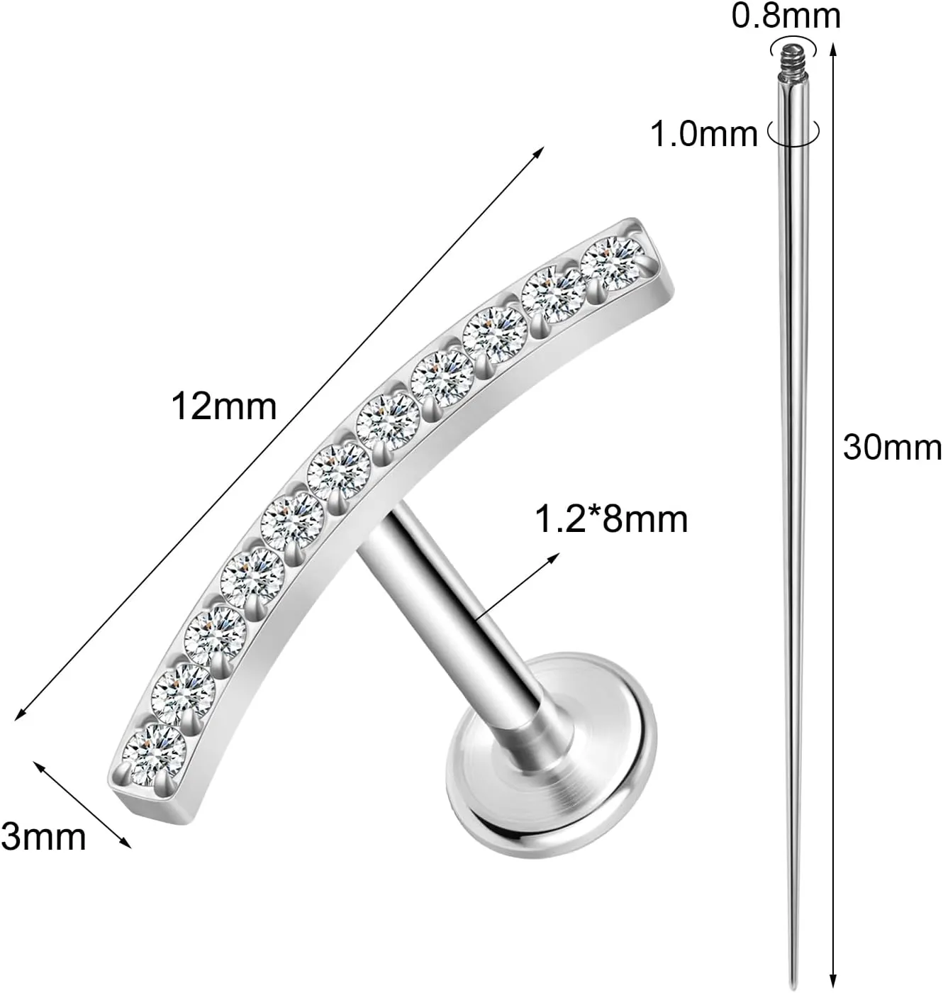 ASTM F136 Titanium 16G 8mm Piercing Jewelry helix earrings for Conch Tragus Helix Lip Labret Earlobe Hypoallergenic Internally Threaded Flat Back Cartilage Stud Earring Taper Insertion Pin