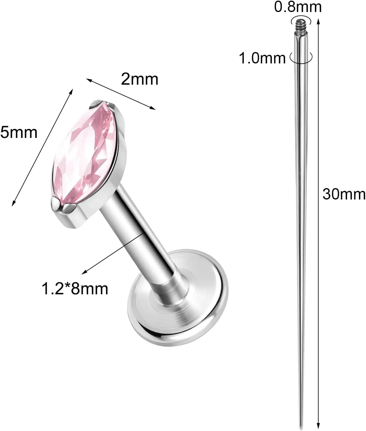 ASTM F136 Titanium 16G 8mm Piercing Jewelry helix earrings for Conch Tragus Helix Lip Labret Earlobe Hypoallergenic Internally Threaded Flat Back Cartilage Stud Earring Taper Insertion Pin