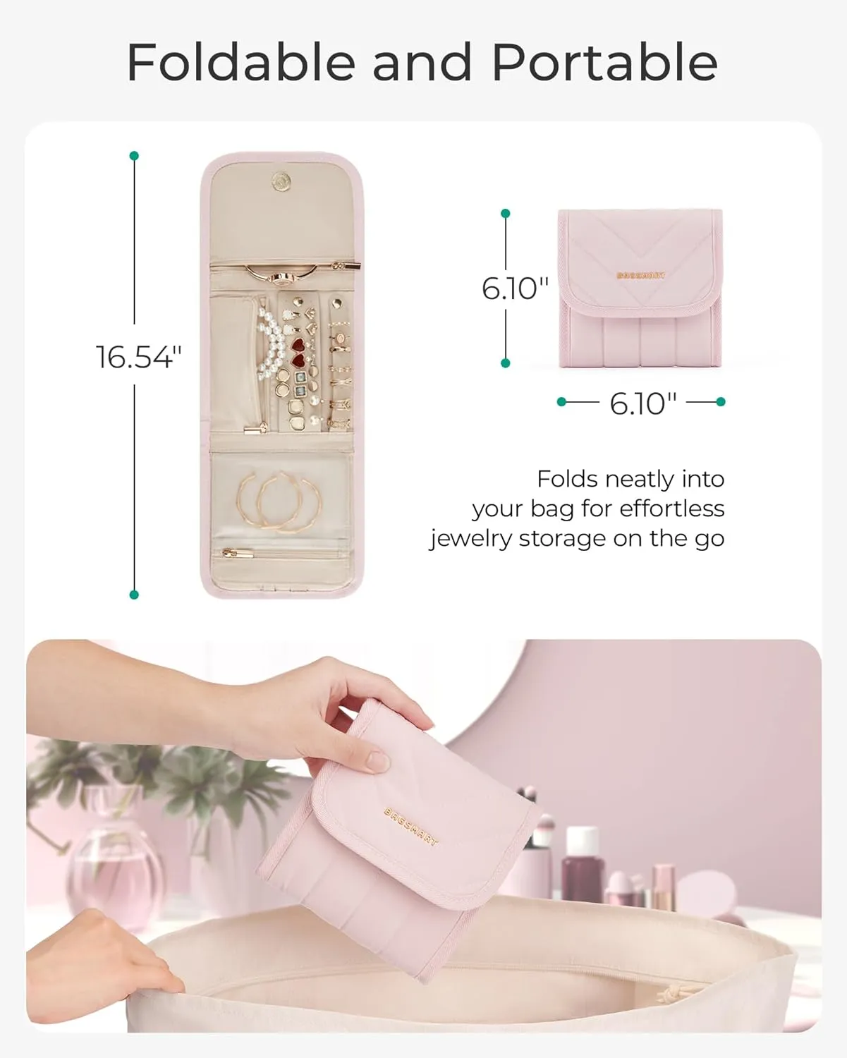 BAGSMART Travel Jewelry Organizer Case, Foldable Jewelry Roll for Necklaces, Earrings, Journey-Rings, Bracelets, Brooches, Portable, Beige