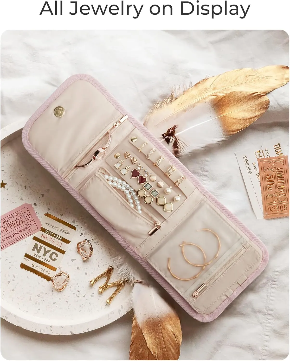 BAGSMART Travel Jewelry Organizer Case, Foldable Jewelry Roll for Necklaces, Earrings, Journey-Rings, Bracelets, Brooches, Portable, Beige