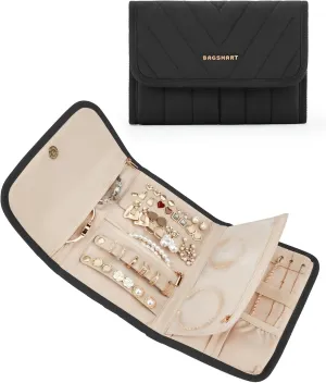 BAGSMART Travel Jewelry Organizer Case, Foldable Jewelry Roll for Necklaces, Earrings, Journey-Rings, Bracelets, Brooches, Portable, Black