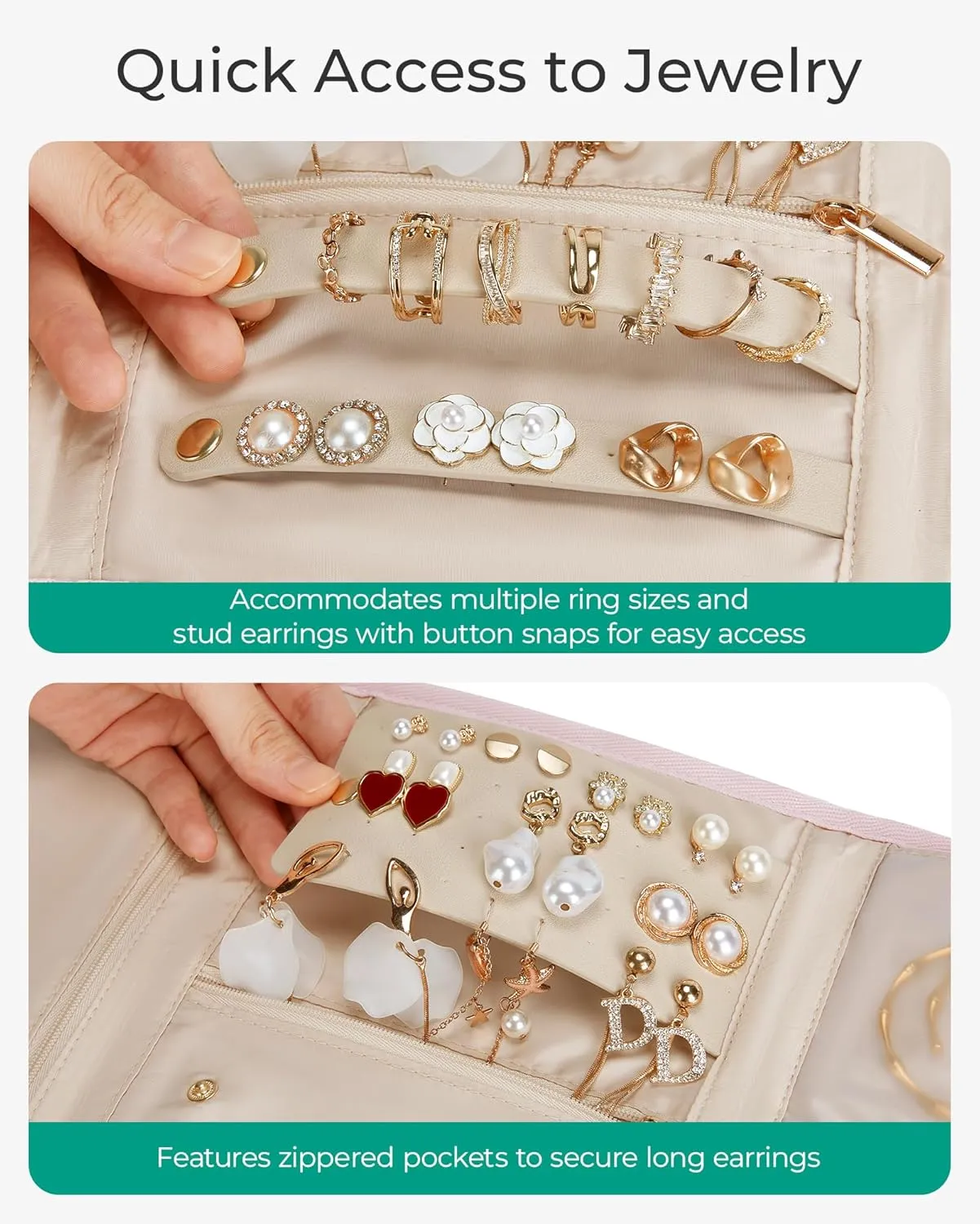 BAGSMART Travel Jewelry Organizer Case, Foldable Jewelry Roll for Necklaces, Earrings, Journey-Rings, Bracelets, Brooches, Portable, Khaki