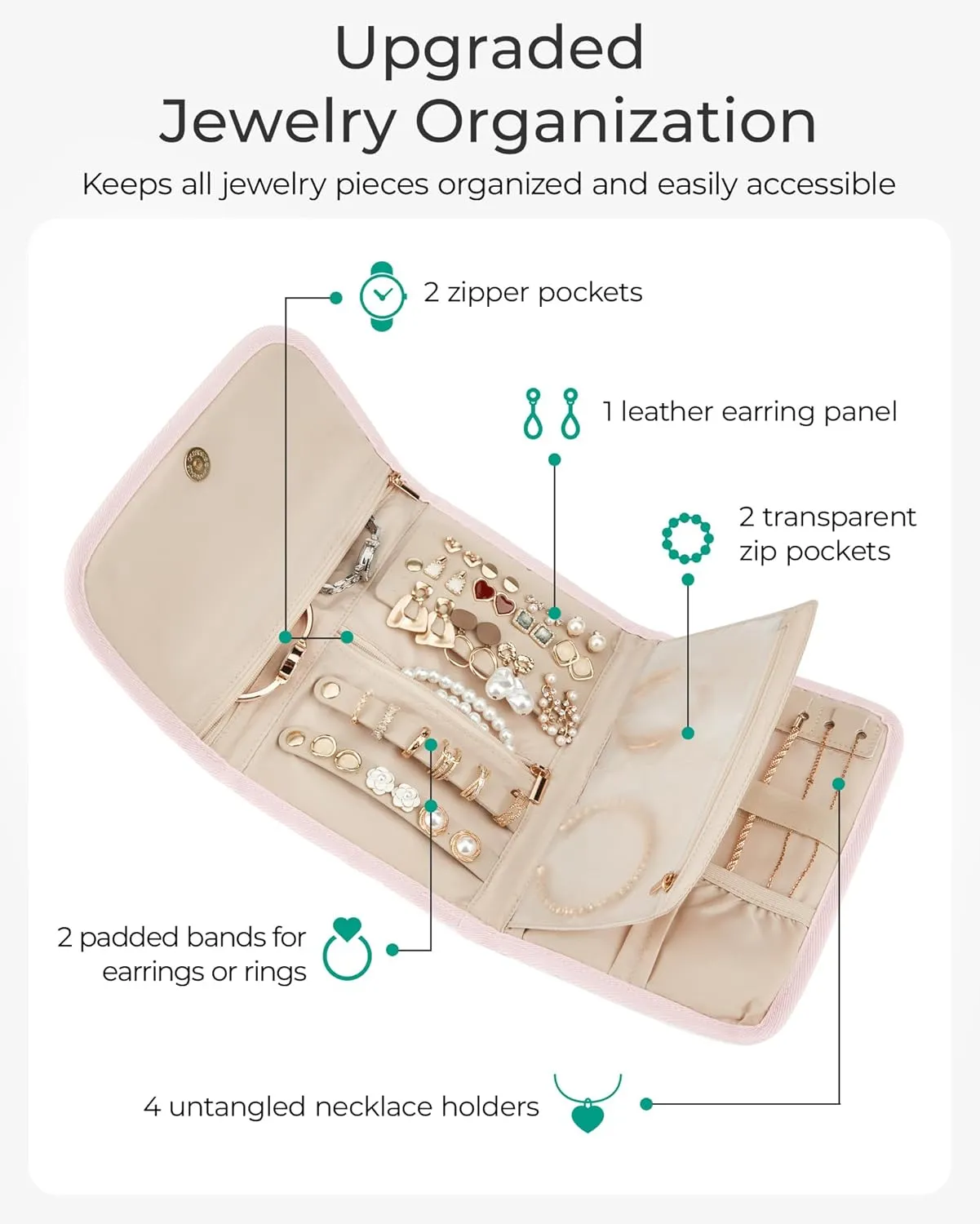 BAGSMART Travel Jewelry Organizer Case, Foldable Jewelry Roll for Necklaces, Earrings, Journey-Rings, Bracelets, Brooches, Portable, Khaki