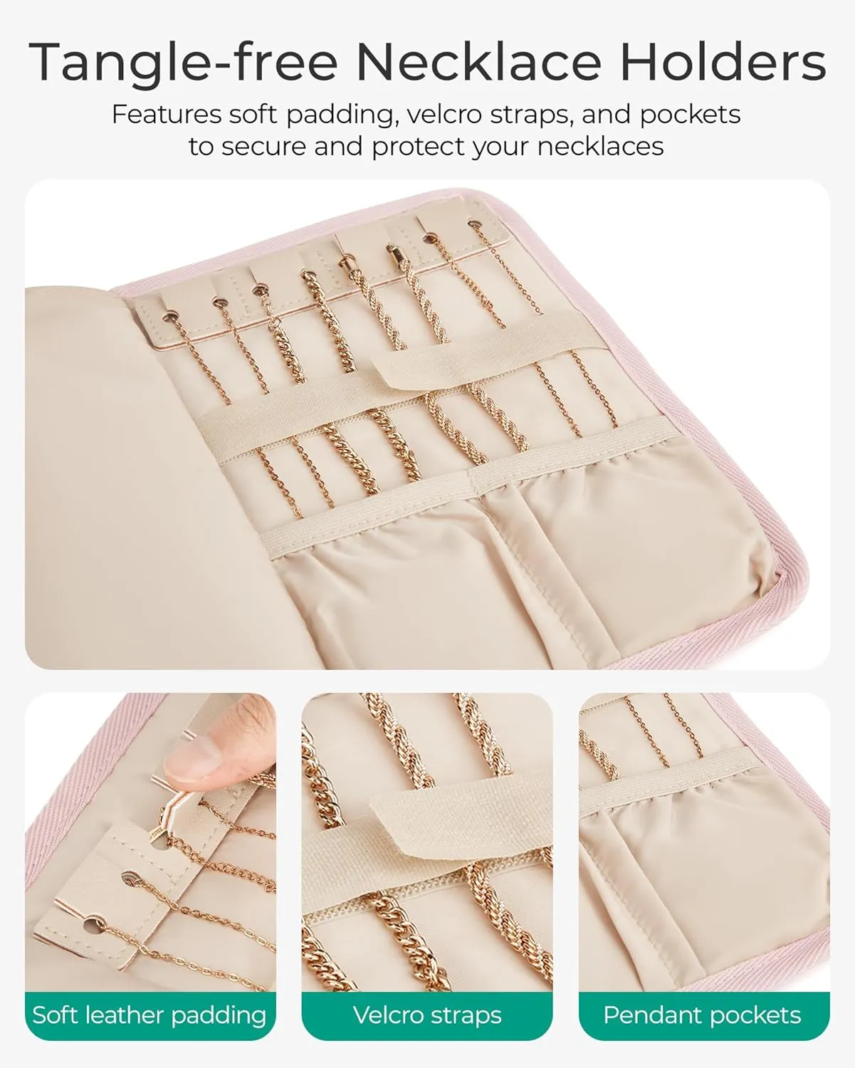 BAGSMART Travel Jewelry Organizer Case, Foldable Jewelry Roll for Necklaces, Earrings, Journey-Rings, Bracelets, Brooches, Portable, Khaki