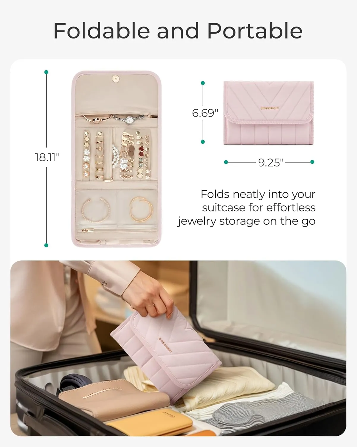 BAGSMART Travel Jewelry Organizer Case, Foldable Jewelry Roll for Necklaces, Earrings, Journey-Rings, Bracelets, Brooches, Portable, Khaki