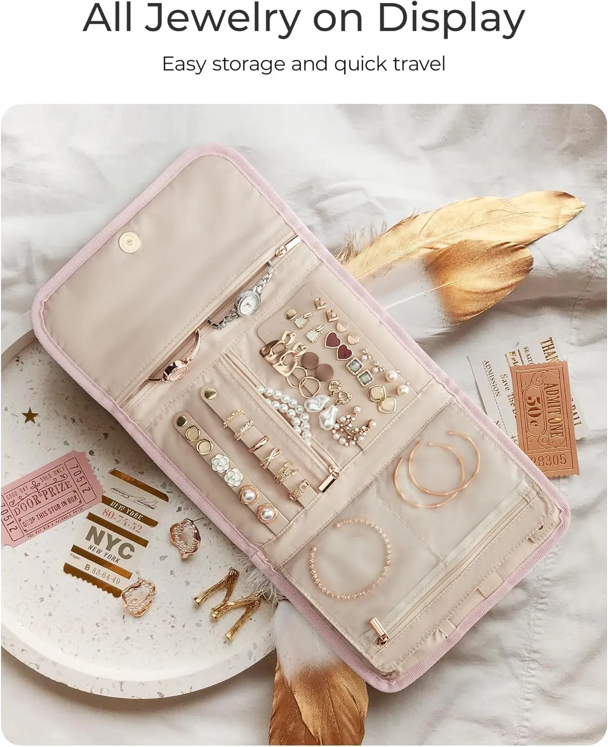 BAGSMART Travel Jewelry Organizer Case, Foldable Jewelry Roll for Necklaces, Earrings, Journey-Rings, Bracelets, Brooches, Portable, Khaki