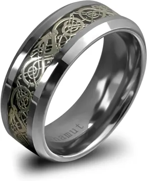 bahamut 8mm Gold Silver Carbon Fiber Viking Celtic Dragon Tungsten Carbide Ring for Men Comfort Fit Mens Wedding Bands Tungsten for him