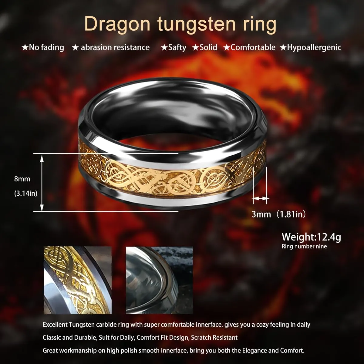 bahamut 8mm Gold Silver Carbon Fiber Viking Celtic Dragon Tungsten Carbide Ring for Men Comfort Fit Mens Wedding Bands Tungsten for him