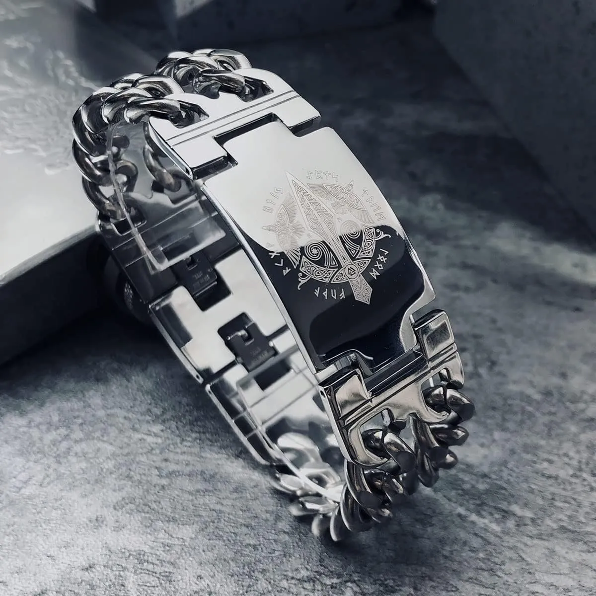 bahamut Mens Viking Odin Gungnir Stainless Steel Cool Cuban Chain Link Bracelet for Men,Norse Cuff Wristband Jewelry